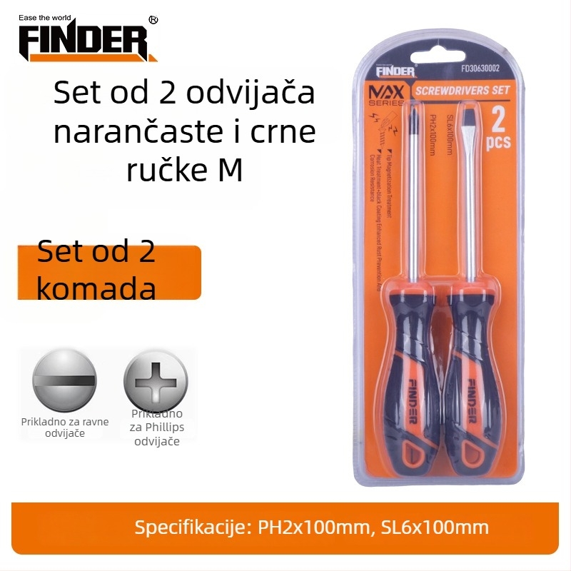 FINDER Set odvijača s narančasto-crnim držačem, snažno magnetni Philips i ravni odvijači za kućne popravke