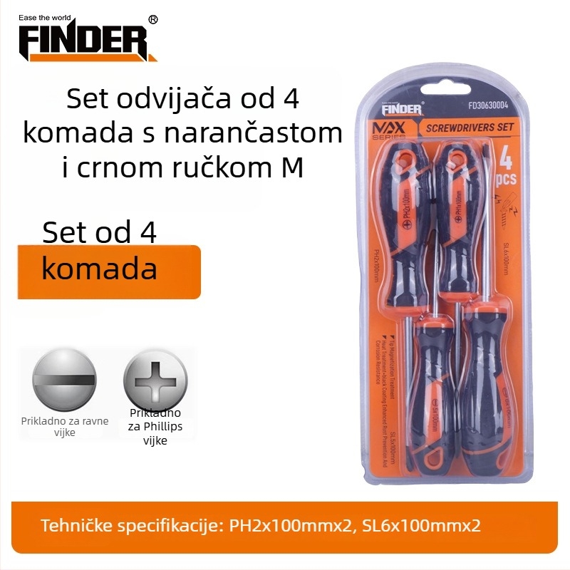 FINDER Set odvijača s narančasto-crnim držačem, snažno magnetni Philips i ravni odvijači za kućne popravke