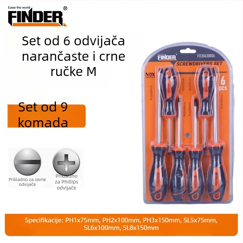 FINDER Set odvijača s narančasto-crnim držačem, snažno magnetni Philips i ravni odvijači za kućne popravke