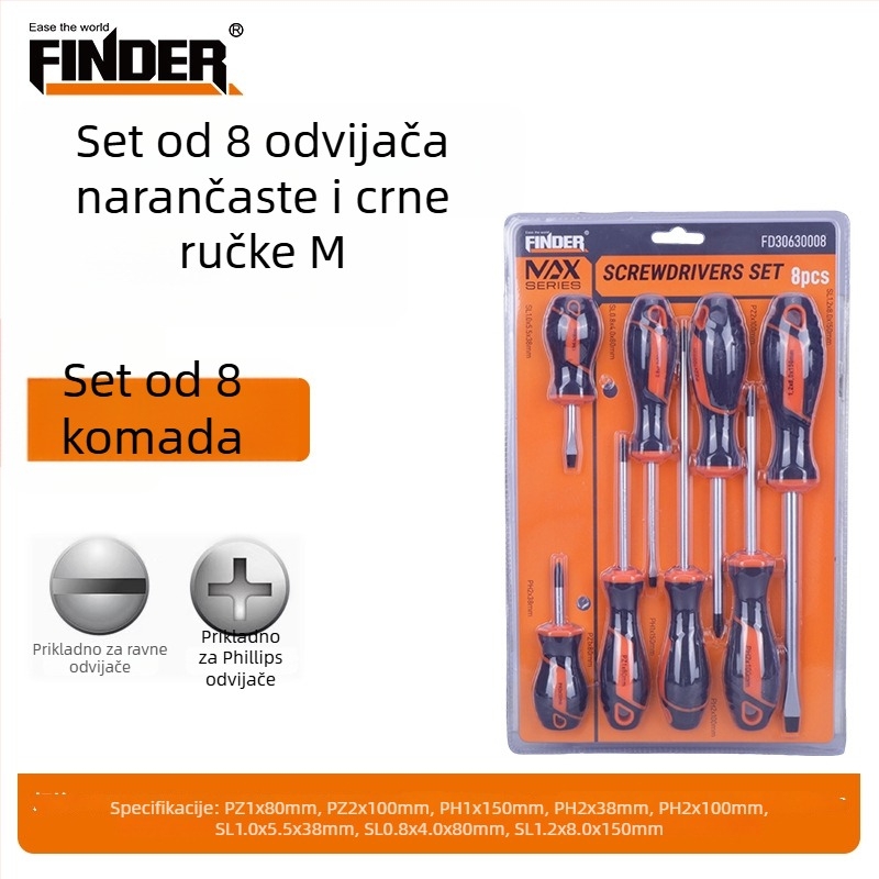 FINDER Set odvijača s narančasto-crnim držačem, snažno magnetni Philips i ravni odvijači za kućne popravke