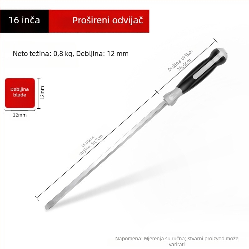 Industrijski dugi odvijač, duljine 1000 mm, Cr-V čelik, neizoliran, bez magneta, 1,21 kg, višestruka primjena