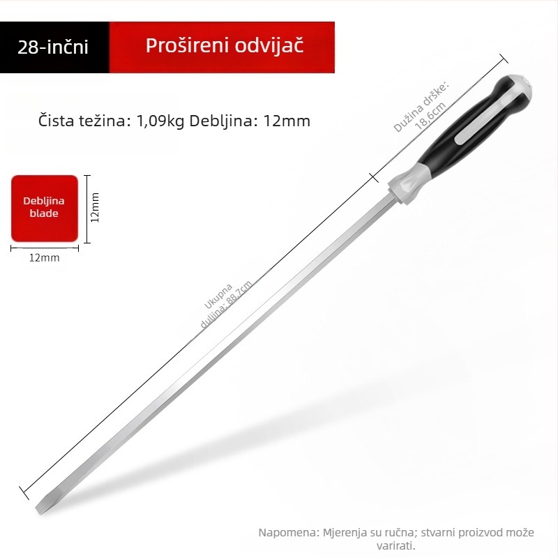 Industrijski dugi odvijač, duljine 1000 mm, Cr-V čelik, neizoliran, bez magneta, 1,21 kg, višestruka primjena