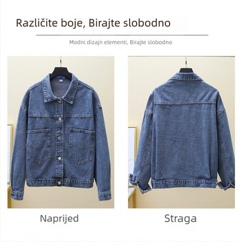 Ženska traper jakna u korejskom stilu, labava silueta, dugi rukavi, polo ovratnik, jesen 2025