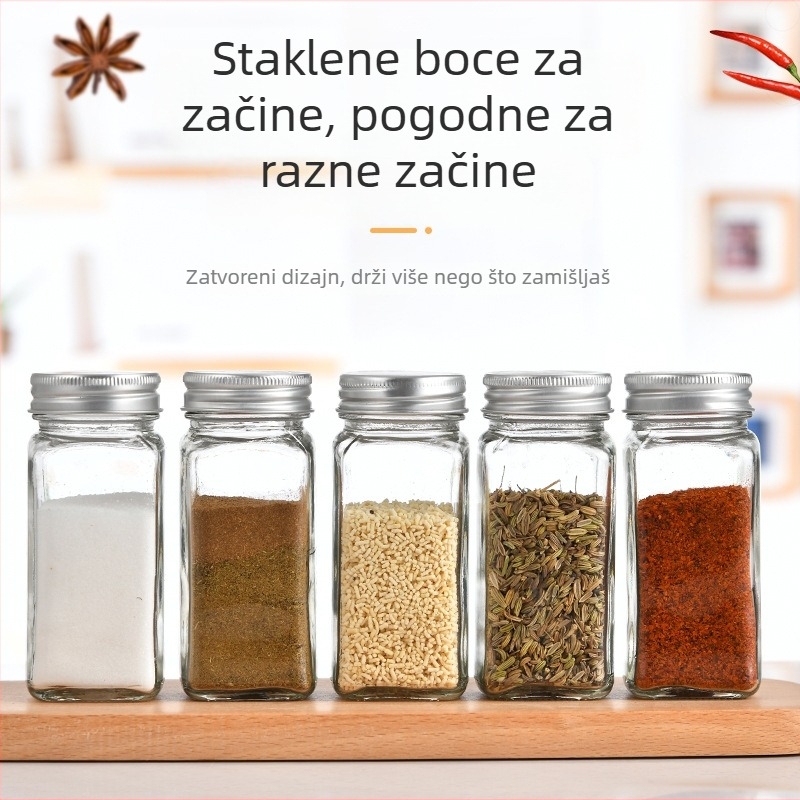 Kvadratna boca za začine – staklena posuda za čvrste začine, otisnuto logo i prilagodba