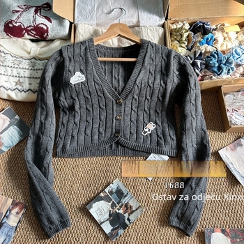 Cardigan stil pleteni pulover s V-izrezom, dugi rukavi, konopna izrada, pamuk materijal (30–50% pamuka, uobičajena debljina, Zima 2025)