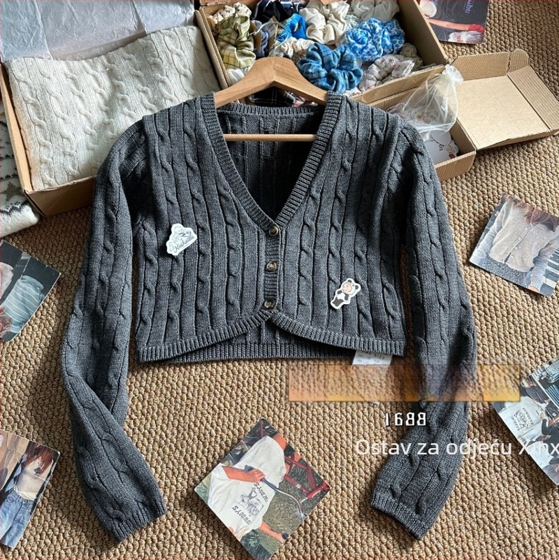 Cardigan stil pleteni pulover s V-izrezom, dugi rukavi, konopna izrada, pamuk materijal (30–50% pamuka, uobičajena debljina, Zima 2025)
