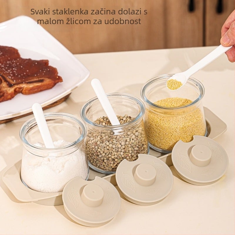 Staklena kolekcija posuda za začine s poklopcem, otporna na vlagu, baza uključena, za čvrste začine poput soli i ekstrakta od piletine