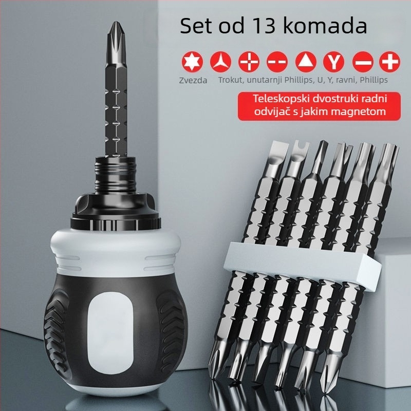 Set odvijača s klik-mehanizmom – dvostruke glave, karbonsko čelika, konfiguracije 13-u-1 i 26-u-1.