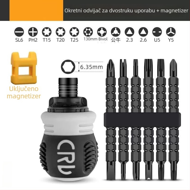 Set odvijača s klik-mehanizmom – dvostruke glave, karbonsko čelika, konfiguracije 13-u-1 i 26-u-1.