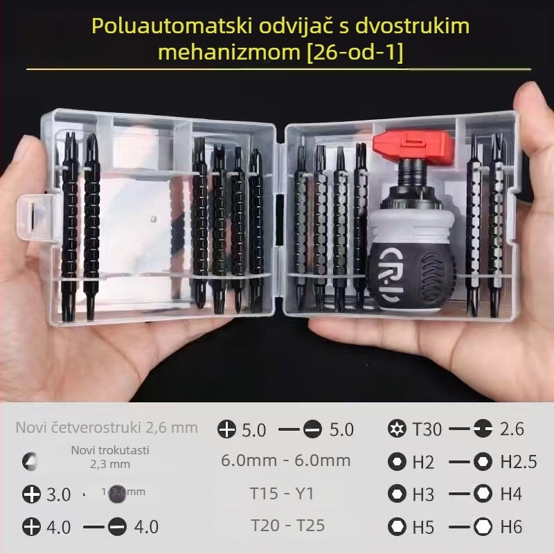 Set odvijača s klik-mehanizmom – dvostruke glave, karbonsko čelika, konfiguracije 13-u-1 i 26-u-1.