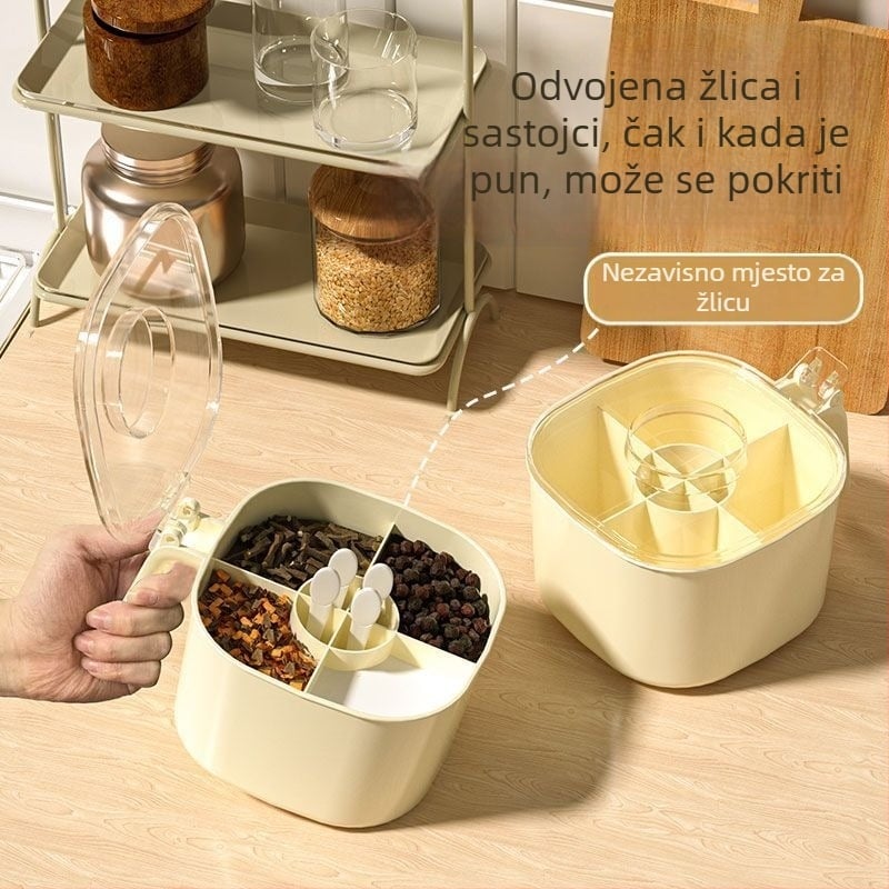 Višekanalni plastični spremnik za začine s poklopcem — skladištenje čvrstih začina, mogućnost logotipa, premium kuhinjski organizator u kineskom stilu
