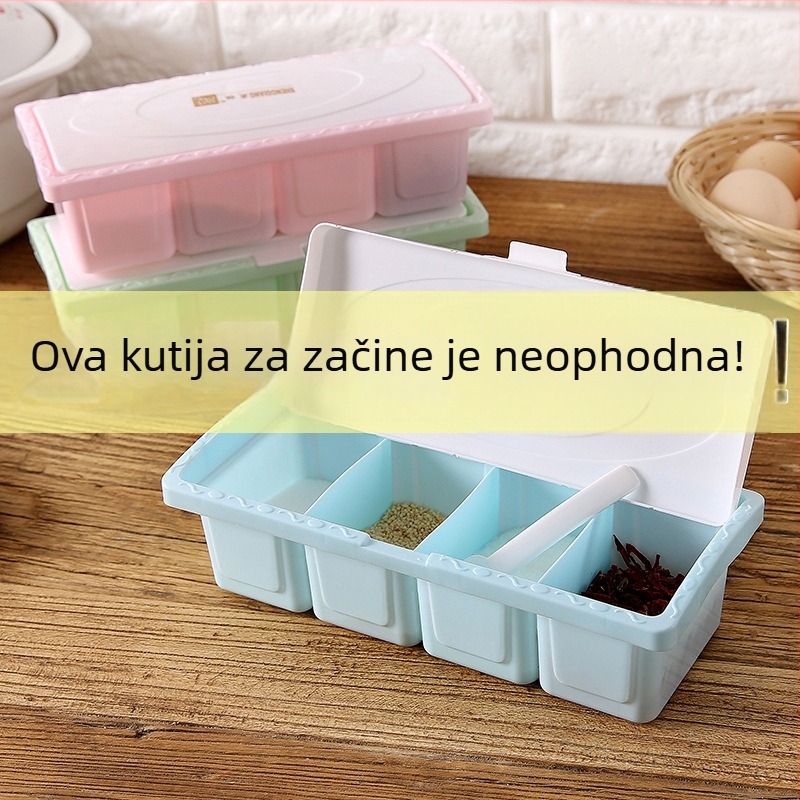 Plastična kutija za skladištenje začina u kuhinji, s četiri odjeljka, za čvrste začine, s žlicom, moderan dizajn