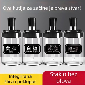 Stakleni set posuda za začine s integriranim poklopcem i žličicom — uključuje solnicu, posudu za natrijev glutamat (MSG), bočicu sojinog umaka