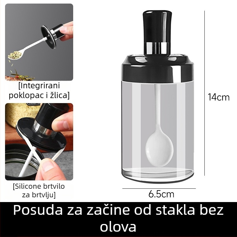 Stakleni set posuda za začine s integriranim poklopcem i žličicom — uključuje solnicu, posudu za natrijev glutamat (MSG), bočicu sojinog umaka