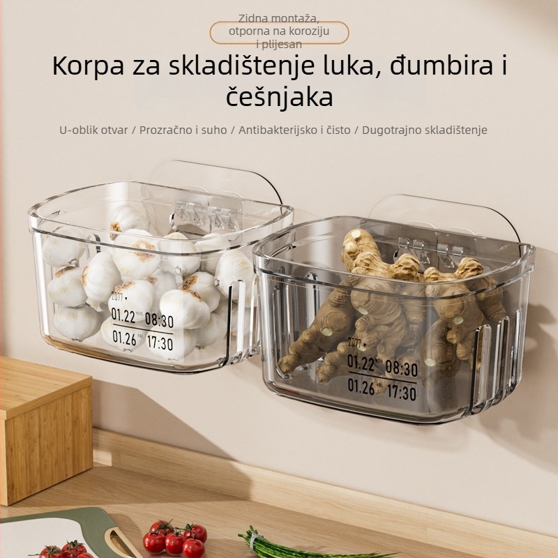 Chu Lan Plastična zidna kuhinjska polica za pohranu luka, đumbira i češnjaka — bez montaže, moderni minimalistički dizajn