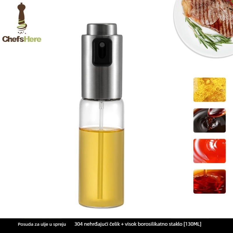Kuhinjska boca za sprej ulja, nehrđajući čelik + staklo, pritisni raspršivač, jednostavan i moderan dizajn