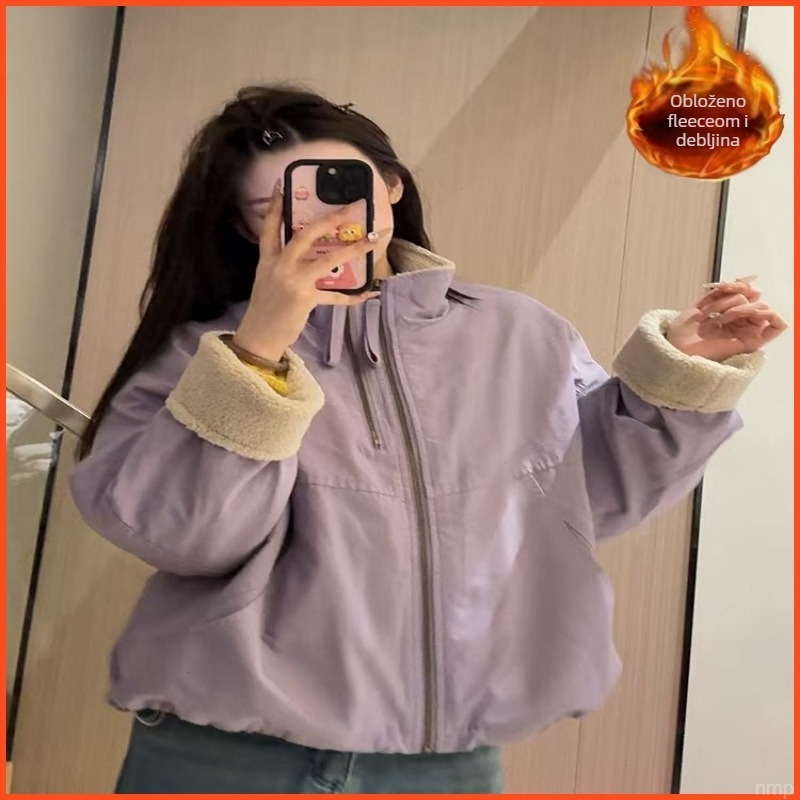 Poliesterska jakna, jednofarbna, labavi kroj, dugi rukavi, stojeći ovratnik, debela tkanina, proljeće 2025
