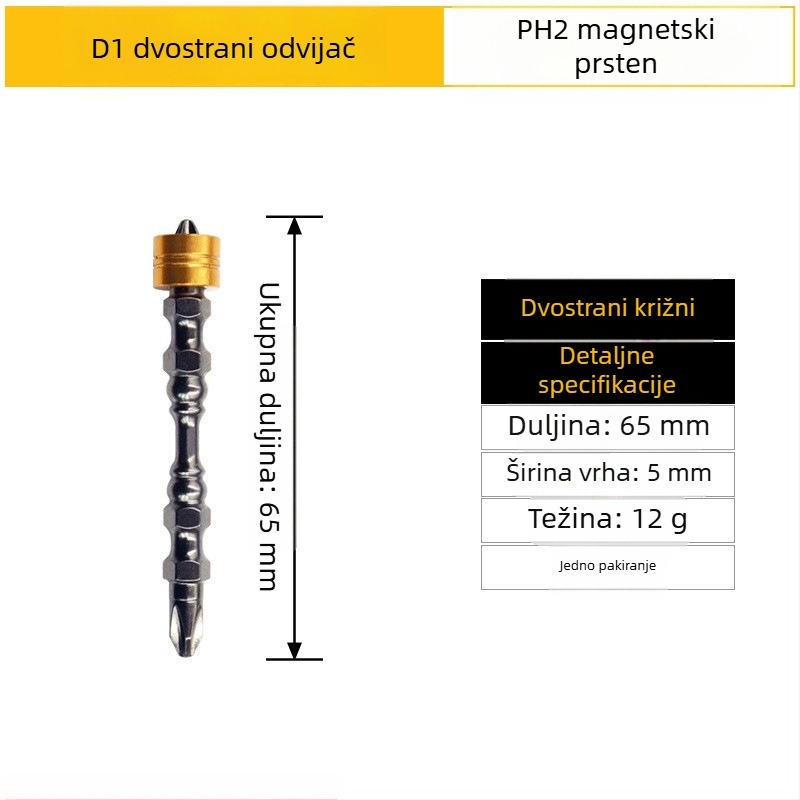 Snažan magnetski nastavak za odvijač s krstnom glavom Ph2, D1 čelik; nunchaku stil nastavak s dvostrukim krajem; magnetski prsten; 65 mm i 110 mm duljine