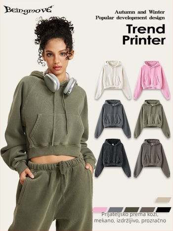 Ženski hoodie s kapuljom i raglan rukavima, pamuk–poliesterska smjesa, kratki kroj, oprani završni dodir, gradski hipster stil