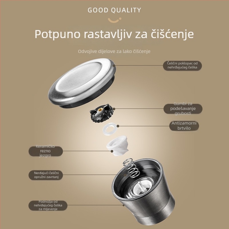 Ručni mlin za papar i posuda za začine — staklena konstrukcija, pogodno za morsku sol, crni papar i druge čvrste začine, prilagodljivo