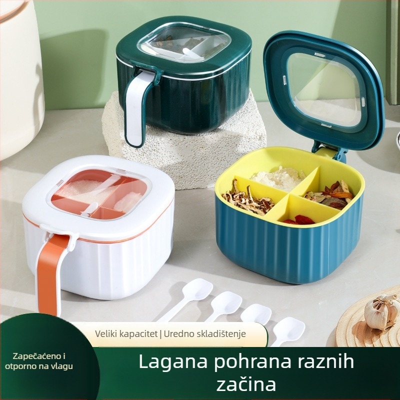 Kutija za začine s četiri odjeljka, plastična, vodootporna, za sol, šećer i MSG, kućanska kuhinja