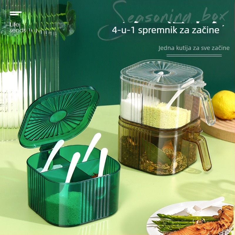 Honggu plastični set posuda za začine s četiri odjeljka za čvrste začine, s otisnutim logotipom, stil svijetlog luksuza