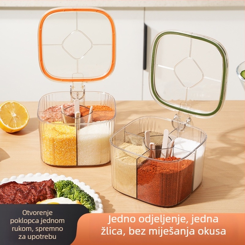 Set kutije za začine s četiri odjeljka, bočicama soli i MSG, plastična kuhinjska posuda i solnička