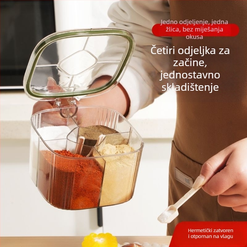 Set kutije za začine s četiri odjeljka, bočicama soli i MSG, plastična kuhinjska posuda i solnička