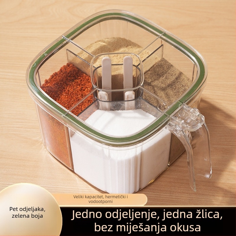 Set kutije za začine s četiri odjeljka, bočicama soli i MSG, plastična kuhinjska posuda i solnička