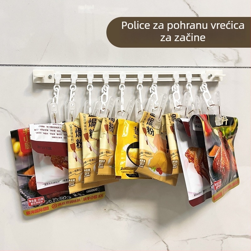 Stalak za pohranu vrećica sa začinima i klipom za zatvaranje, zidni, bez bušenja, plastični