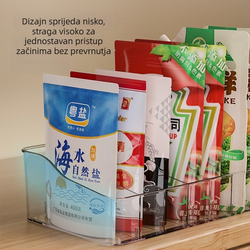 Plastični organizator posuda za začine na kuhinjskoj radnoj ploči s višestrukim pretincima za čvrste začine, moderni minimalistički stil, premium kvaliteta
