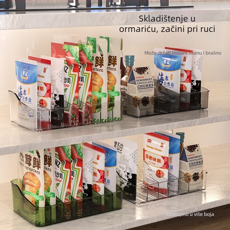Plastični organizator posuda za začine na kuhinjskoj radnoj ploči s višestrukim pretincima za čvrste začine, moderni minimalistički stil, premium kvaliteta