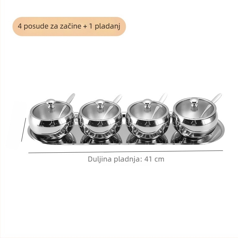 Qifeng kutija za začine od nehrđajućeg čelika 304 s pladnjem za žlicu i staklenim posudama – moderni kuhinjski set