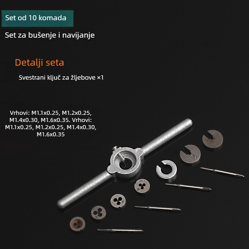 Mini set za navoj (tap i die), ručni alat, metrički, M1–M1.6, 10 kom