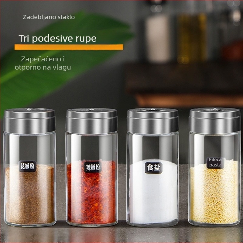 Staklena posuda za začine za kućnu kuhinju; pogodna za čvrste začine; mogućnost printa logotipa; moderni minimalistički dizajn.