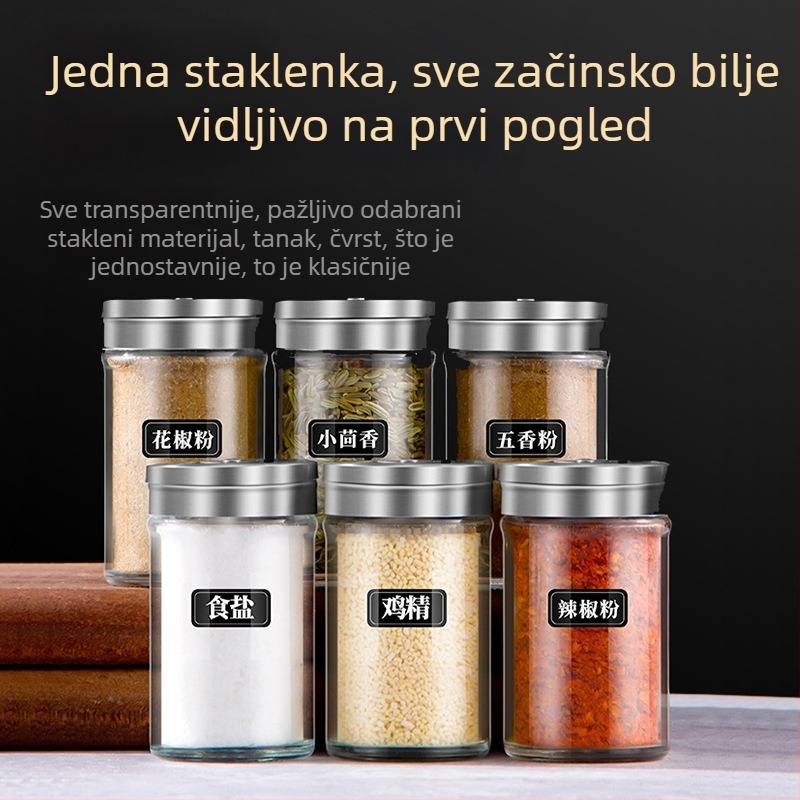 Staklena posuda za začine za kućnu kuhinju; pogodna za čvrste začine; mogućnost printa logotipa; moderni minimalistički dizajn.