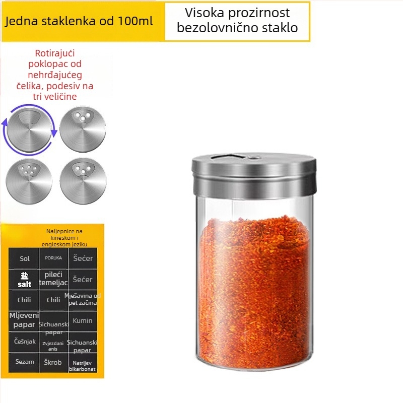 Staklena posuda za začine za kućnu kuhinju; pogodna za čvrste začine; mogućnost printa logotipa; moderni minimalistički dizajn.