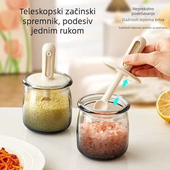 Staklena posuda za začine s izvučnim poklopom‑žličicom, integrirani dizajn