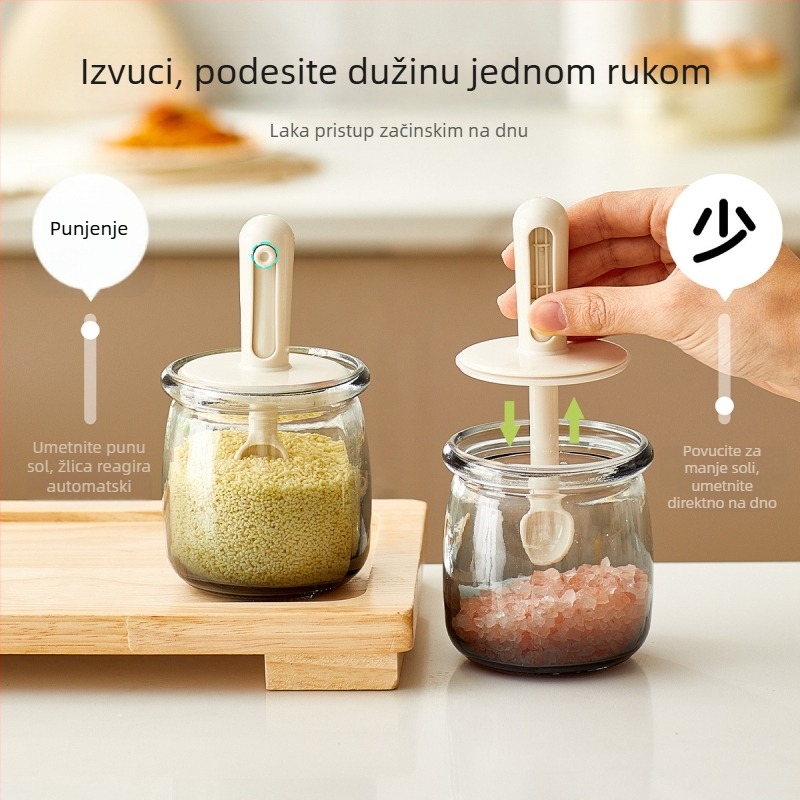 Staklena posuda za začine s izvučnim poklopom‑žličicom, integrirani dizajn