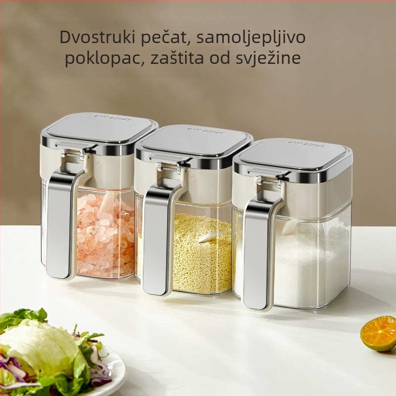 Stakleni set zatvorenih spremnika za suhe začine, moderan minimalistički stil, prilagodljivo prerada, pakiranje u papirnatu kutiju