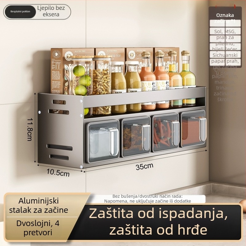 Zidni držač začina, bez bušenja, aluminijski Space Aluminum materijal, višestruko skladištenje soli i začina