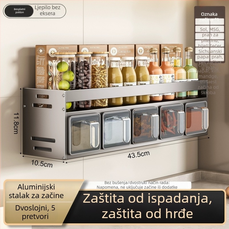 Zidni držač začina, bez bušenja, aluminijski Space Aluminum materijal, višestruko skladištenje soli i začina