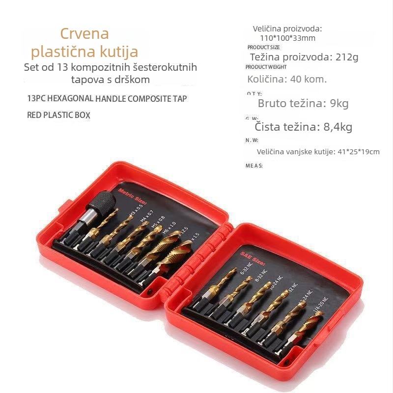 13-dijelni set bušilica i navrtava s šesterokutnim osovinama, visokokvalitetan alat, u plastičnom kućištu