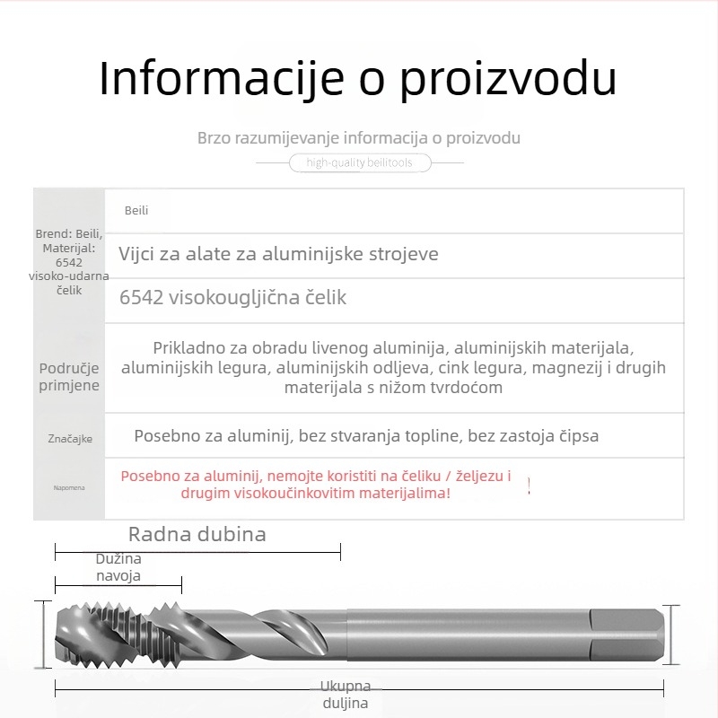Bailey aluminijski spiralni svrdlo za strojnu navoj