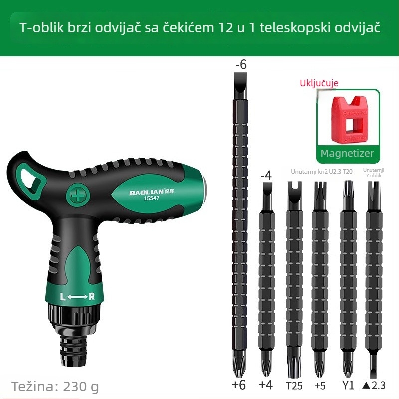 T-tipu odvijač s križnim i ravnim vrhom, dvostrani, magnetski, od karbonskog čelika, višenamjenski