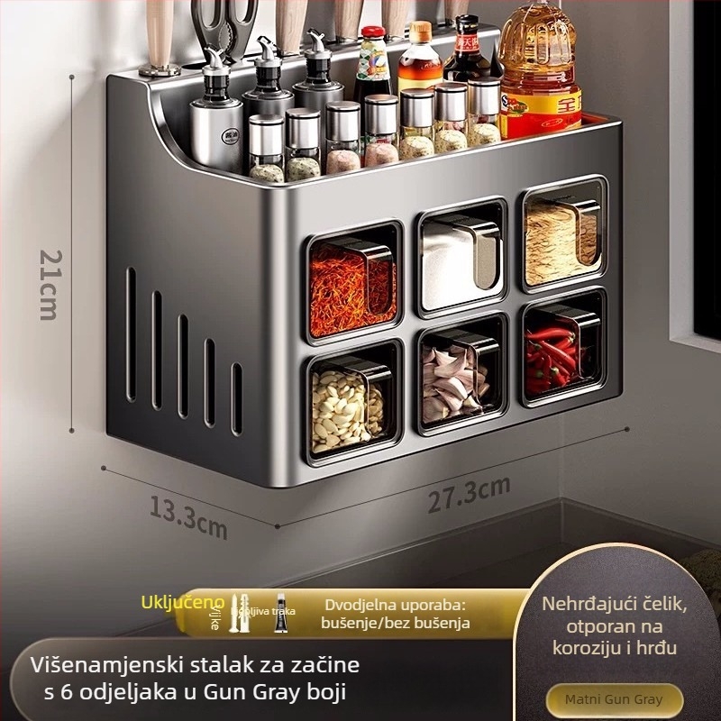 Držač za začine i kuhinjske potrepštine, zidni, nehrđajući čelik, višefunkcionalan, bez ugradnje, integrirani držač noževa, štapića i žlica