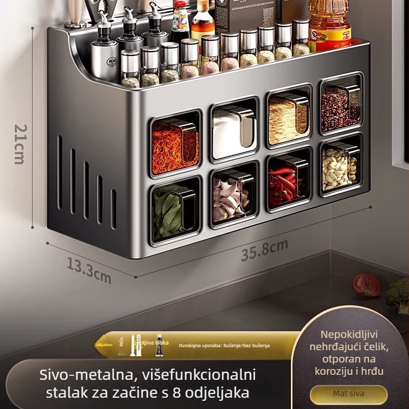 Držač za začine i kuhinjske potrepštine, zidni, nehrđajući čelik, višefunkcionalan, bez ugradnje, integrirani držač noževa, štapića i žlica