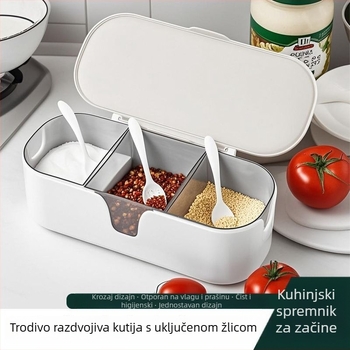 Plastična kutija za začine s tri odjeljka i žličicom, za čvrste začine, moderan minimalistički dizajn, otisak loga moguć, izdanje zima 2025