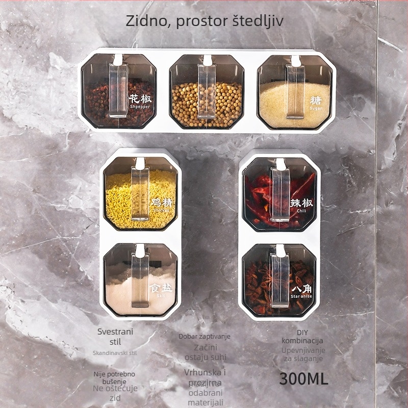 Plastični zidni organizator za začine s ladicom za pohranu soli i MSG, set posuda za začine, skandinavski stil