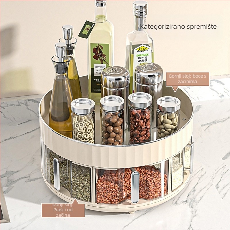 Stalak za začine na stolnu površinu, okretni, s integriranim višekanalnim spremnikom, plastični materijal, za bočice ulja, soli i octa